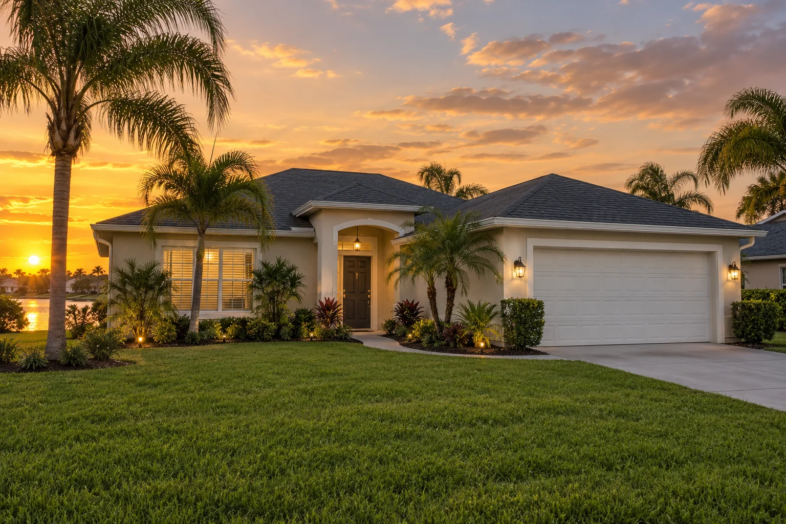 Single-story house with tropical landscaping